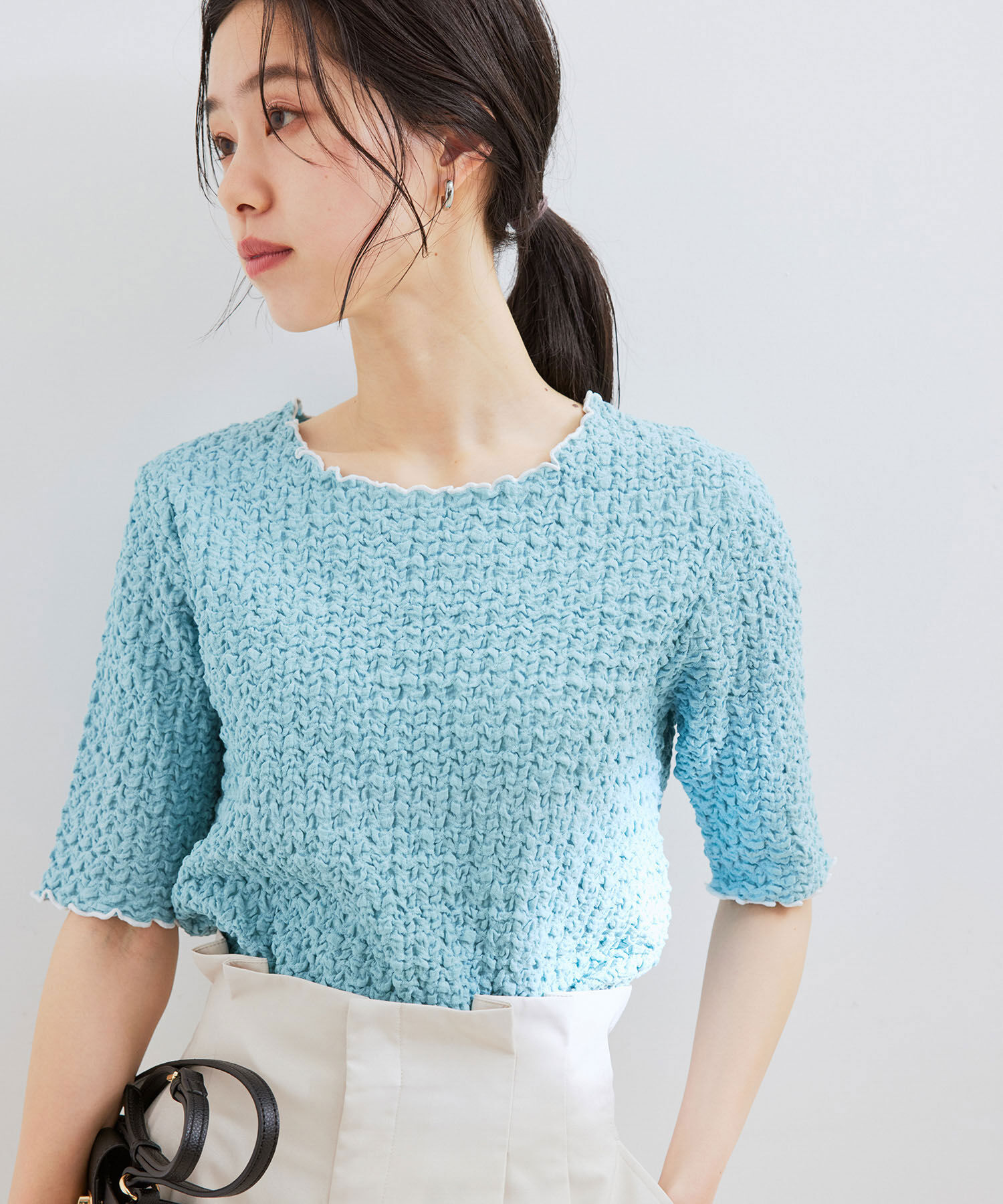 VIS「ふくれジャガード5分袖カットソー」|Tシャツ・カットソー|サックス(48)