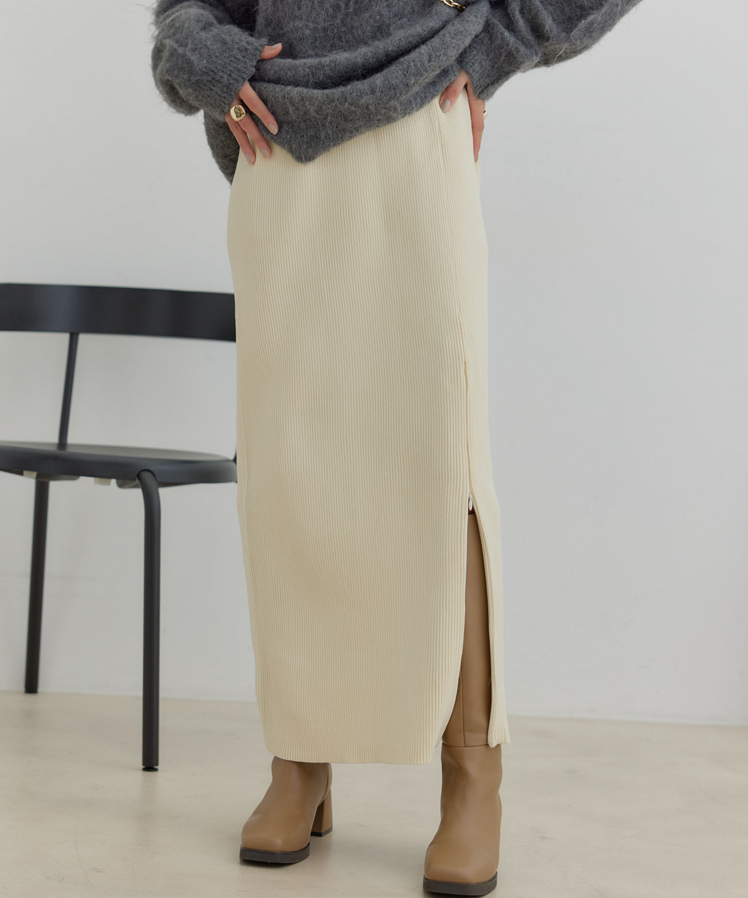 VIS「【洗える】ジップスリットリブニットタイトスカート」|スカート|オフホワイト(15)
