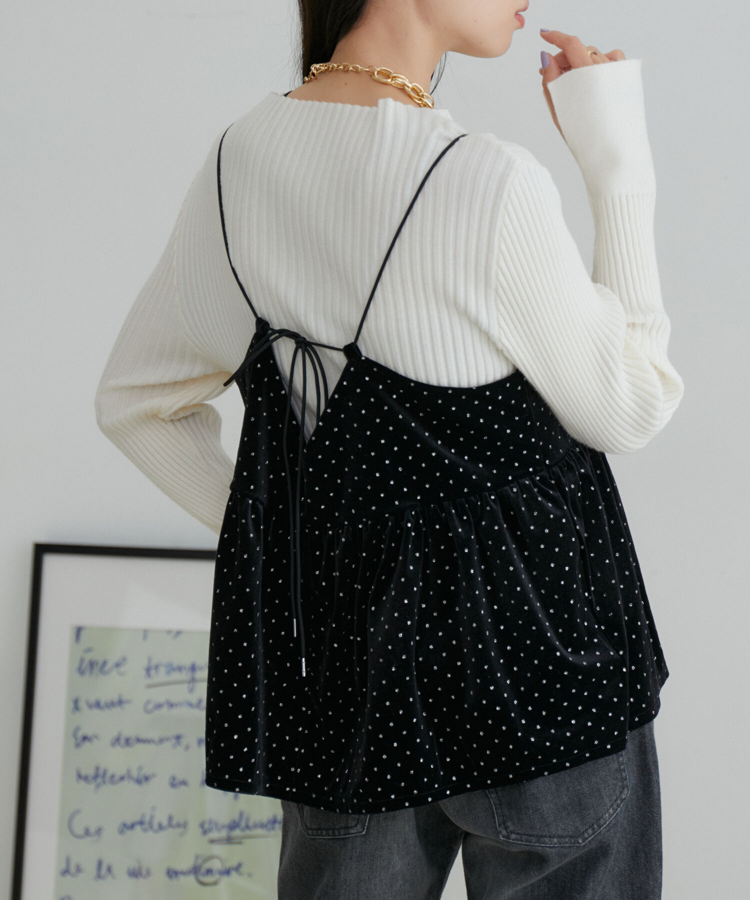 VIS「【選べる着丈】ラメドットベロアキャミトップス【洗える】」|キャミソール|ブラック系(02)