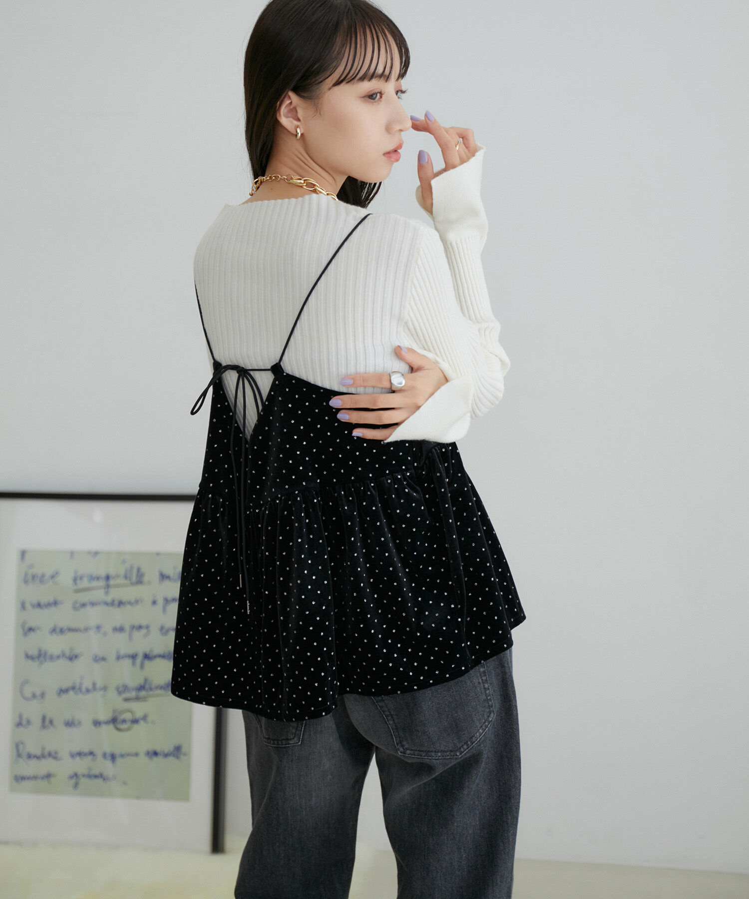 VIS「【選べる着丈】ラメドットベロアキャミトップス【洗える】」|キャミソール|