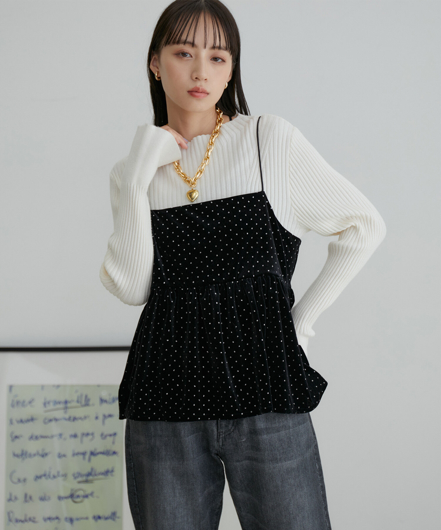 VIS「【選べる着丈】ラメドットベロアキャミトップス【洗える】」|キャミソール|