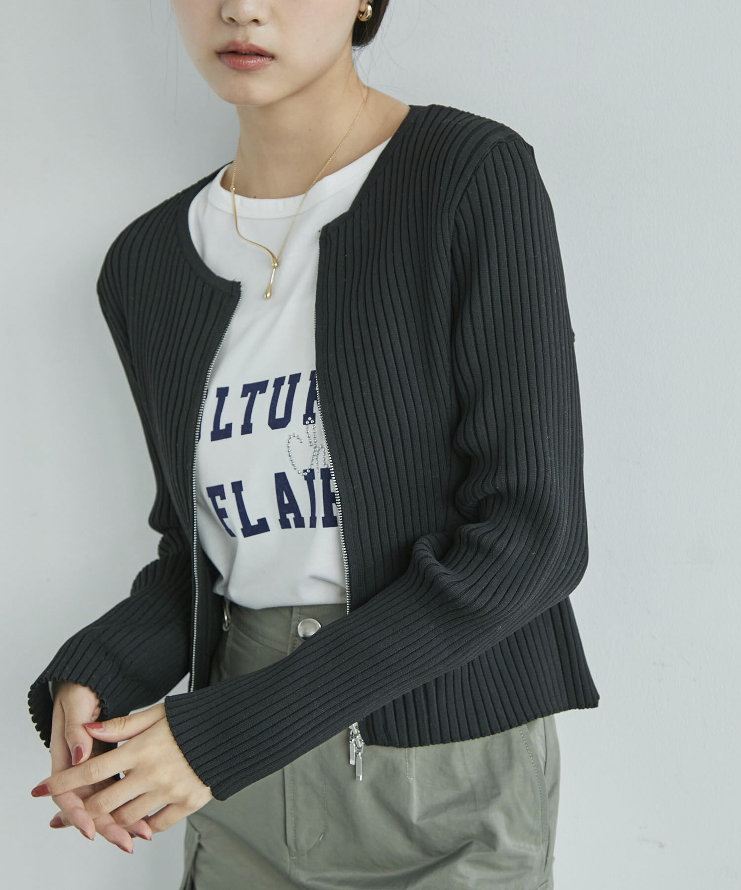 VIS「【アンチピリング/洗える】美smart スポンジニットZIPカーディガン」|カーディガン|ブラック(01)