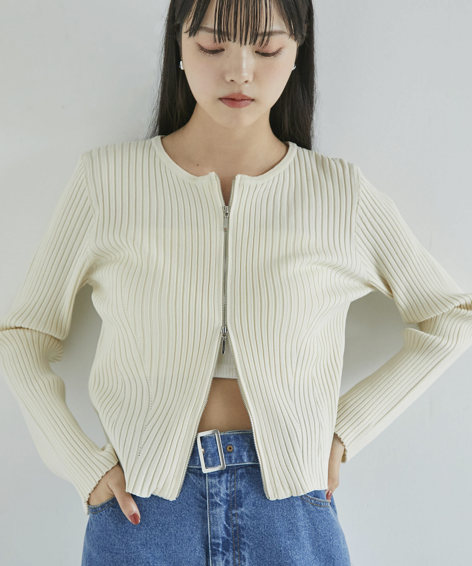 VIS「【アンチピリング/洗える】美smart スポンジニットZIPカーディガン」|カーディガン|オフホワイト(15)