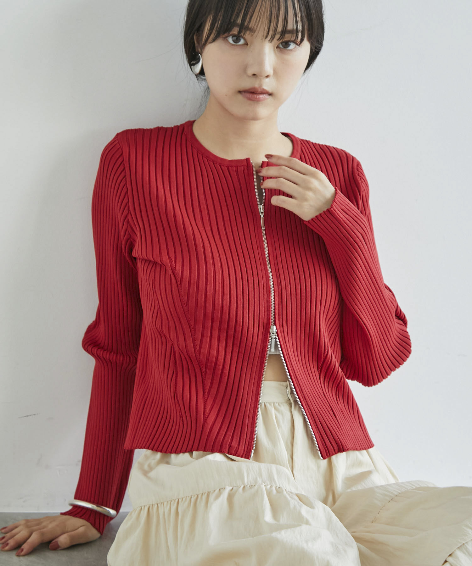VIS「【アンチピリング/洗える】美smart スポンジニットZIPカーディガン」|カーディガン|レッド(60)