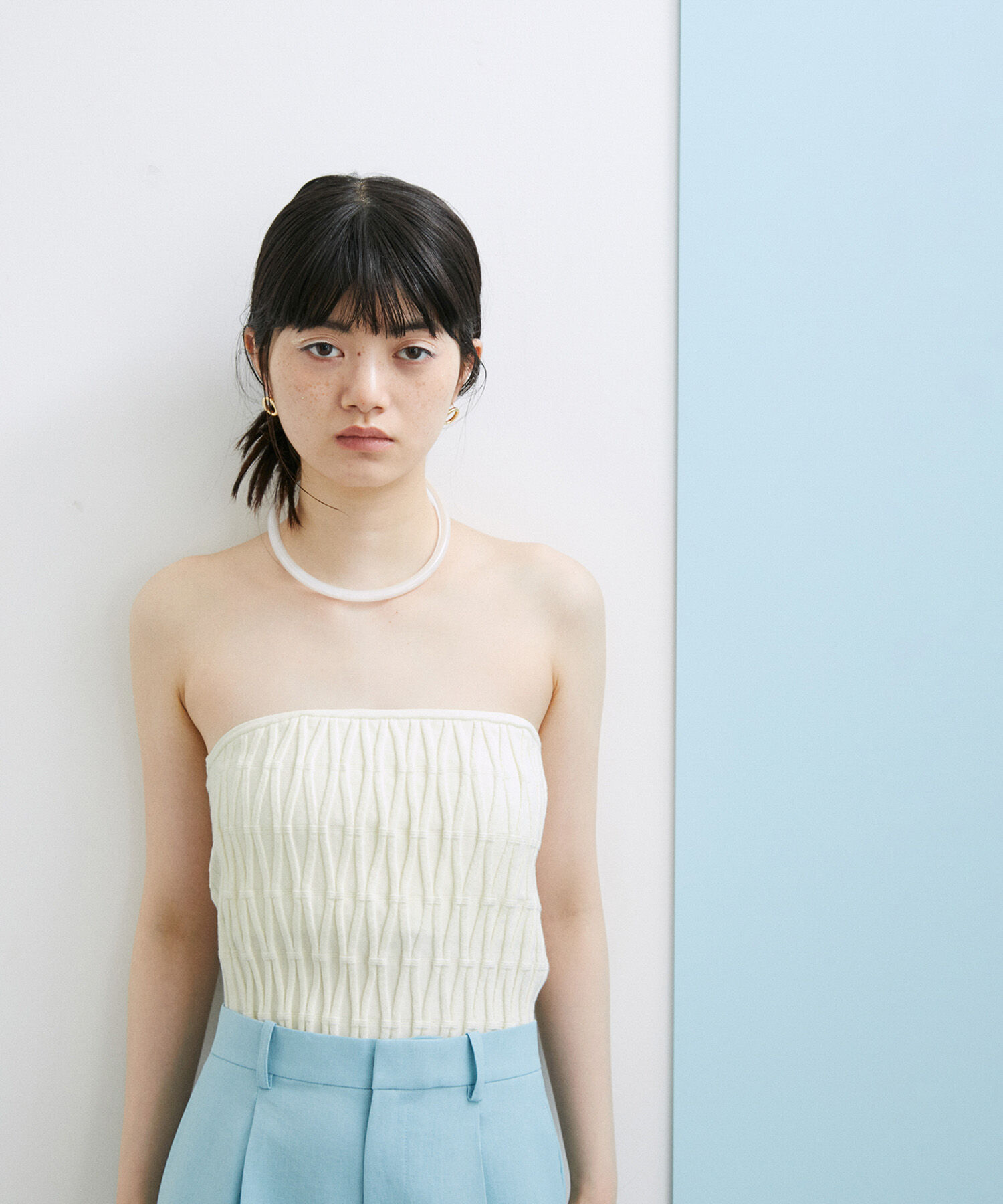 ADAM ET ROPE'「【サステナブル・セットアップ対応・WEB限定】チェック＆リブニットブラトップ」|チューブトップ|オフホワイト(15)