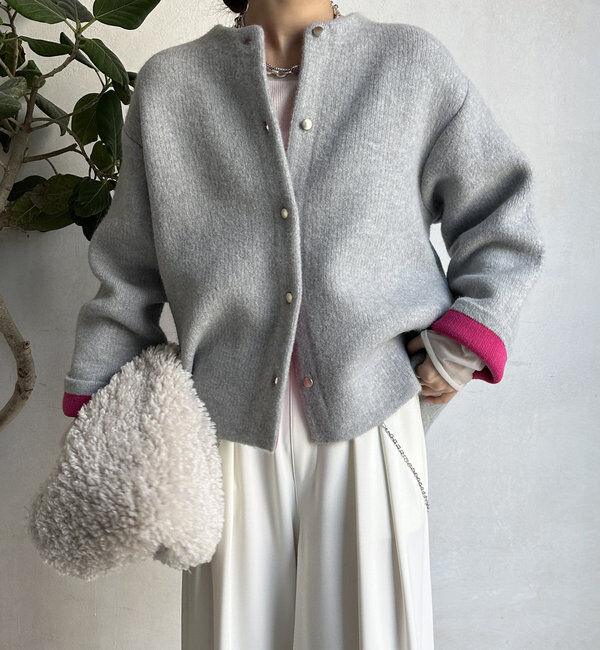  「【WEB限定】ダブルフェイスニットショートコート」|カーディガン|ライトグレー