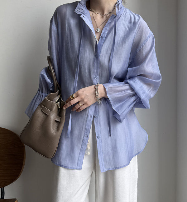  「シアースタンドフリルブラウス」|シャツ・ブラウス|ブルー