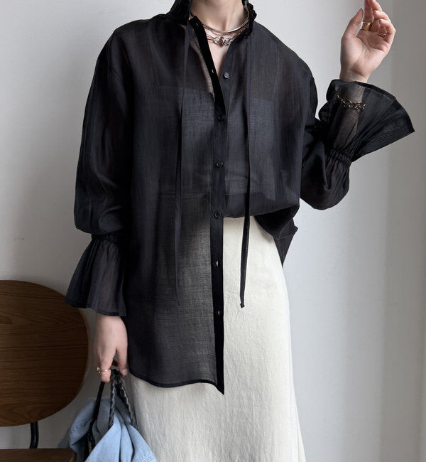  「シアースタンドフリルブラウス」|シャツ・ブラウス|ブラック