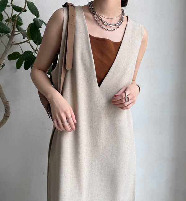  「【WEB限定】リネン混深Vジャンスカ」|ワンピース|ベージュ