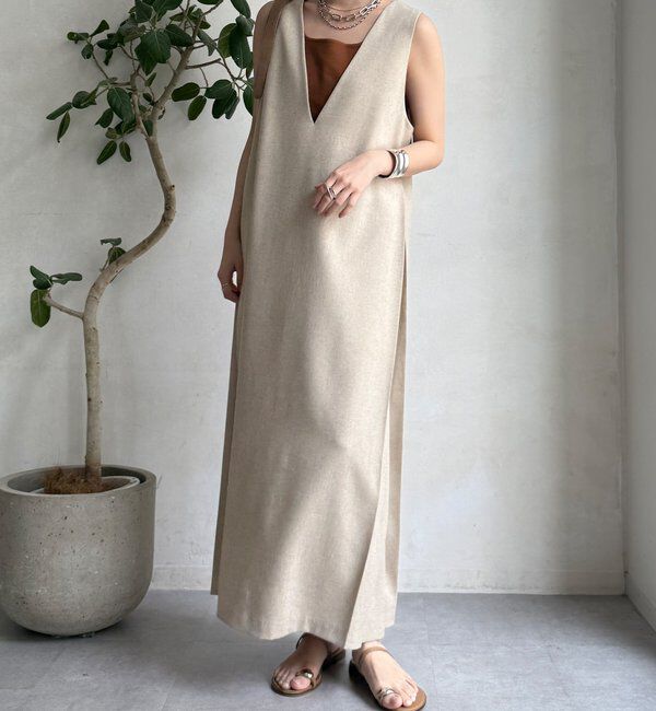  「【WEB限定】リネン混深Vジャンスカ」|ワンピース|