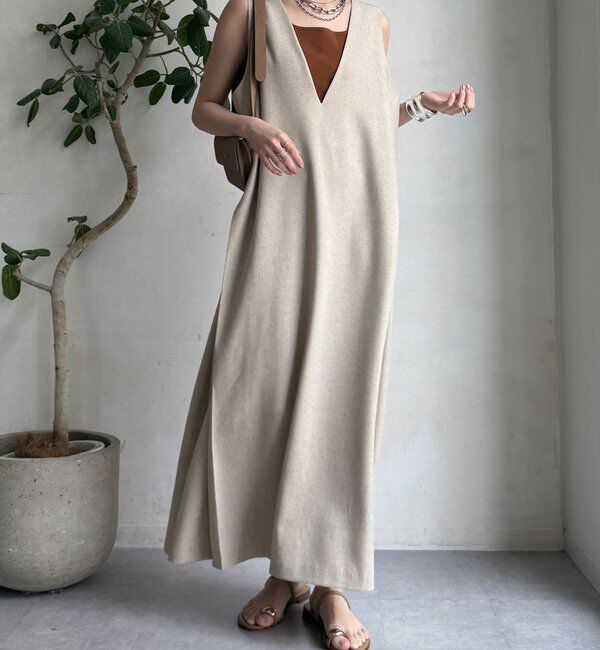  「【WEB限定】リネン混深Vジャンスカ」|ワンピース|