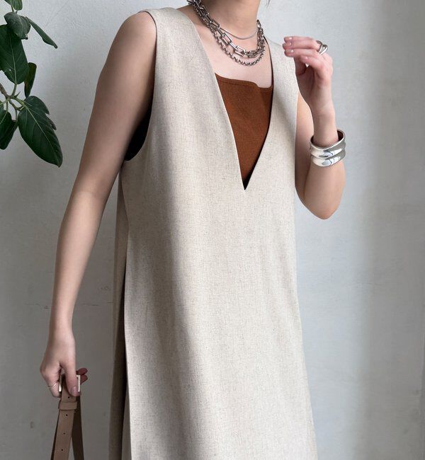  「【WEB限定】リネン混深Vジャンスカ」|ワンピース|
