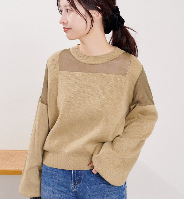  「B シアー配色ニットプルオーバー」|その他|カーキ