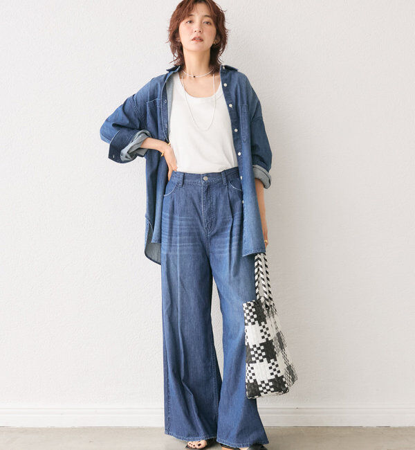  「【MONN.:.(モン)】ライトデニムワイドパンツ」|デニム|