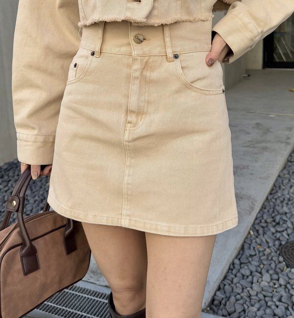  「【WEB限定/セットアップ対応】ポケット刺繍台形デニムスカート」|スカート|ベージュ