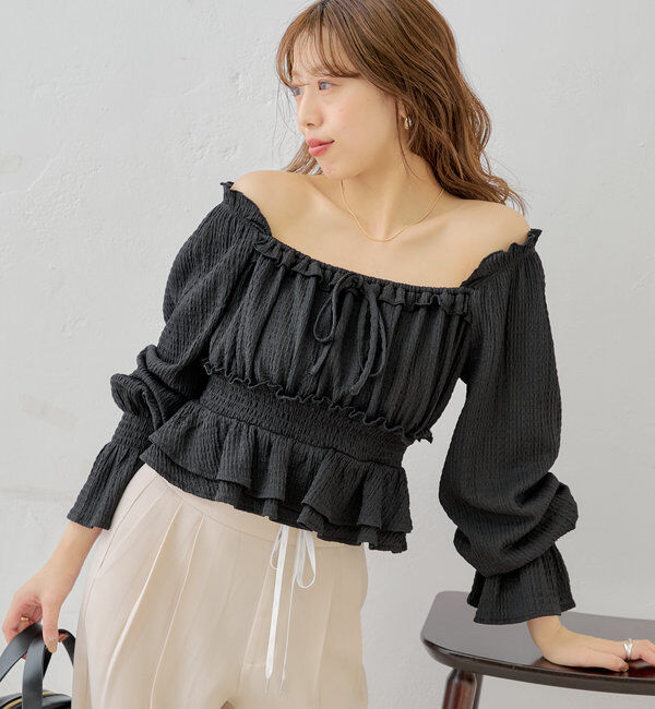  「シャーリングパワショルフリルトップス」|シャツ・ブラウス|ブラック