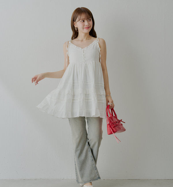  「【WEB限定追加】肩リボンコットンレースフリルキャミミニワンピ」|ワンピース|