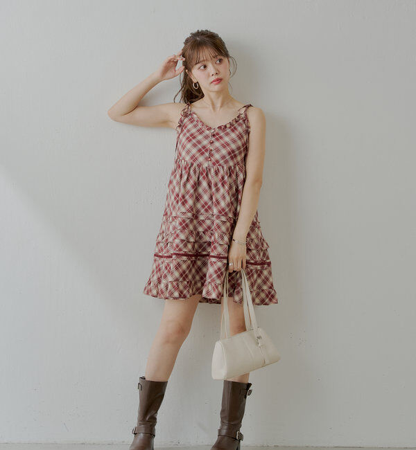  「【WEB限定追加】肩リボンコットンレースフリルキャミミニワンピ」|ワンピース|