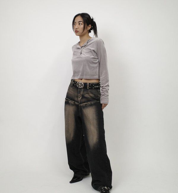  「ベロアヘンリーネックショートトップス」|Tシャツ・カットソー|