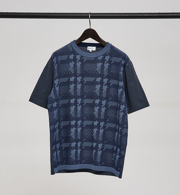 ABAHOUSE「【ハウンドトゥース柄】リラックスフィット コンビ Tシャツ」|Tシャツ・カットソー|ブルー