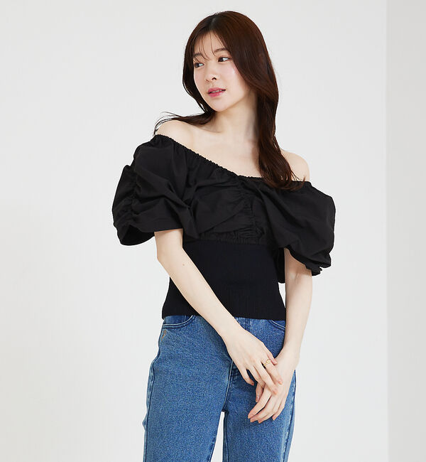 SELFIST「ニットドッキングバルーンブラウス」|シャツ・ブラウス|ブラック