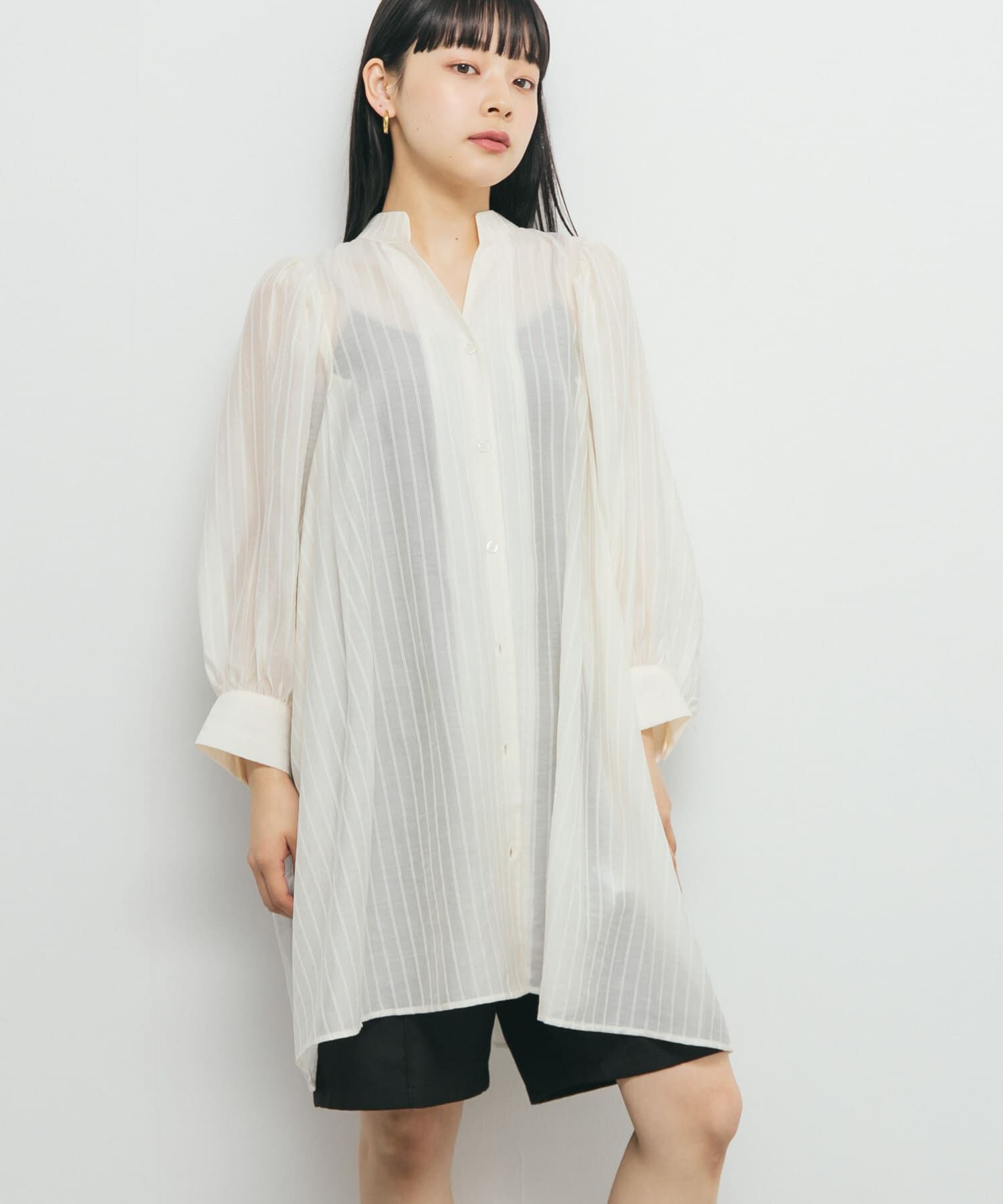  「ボリュームスリーブストライプミニワンピース」|ワンピース|