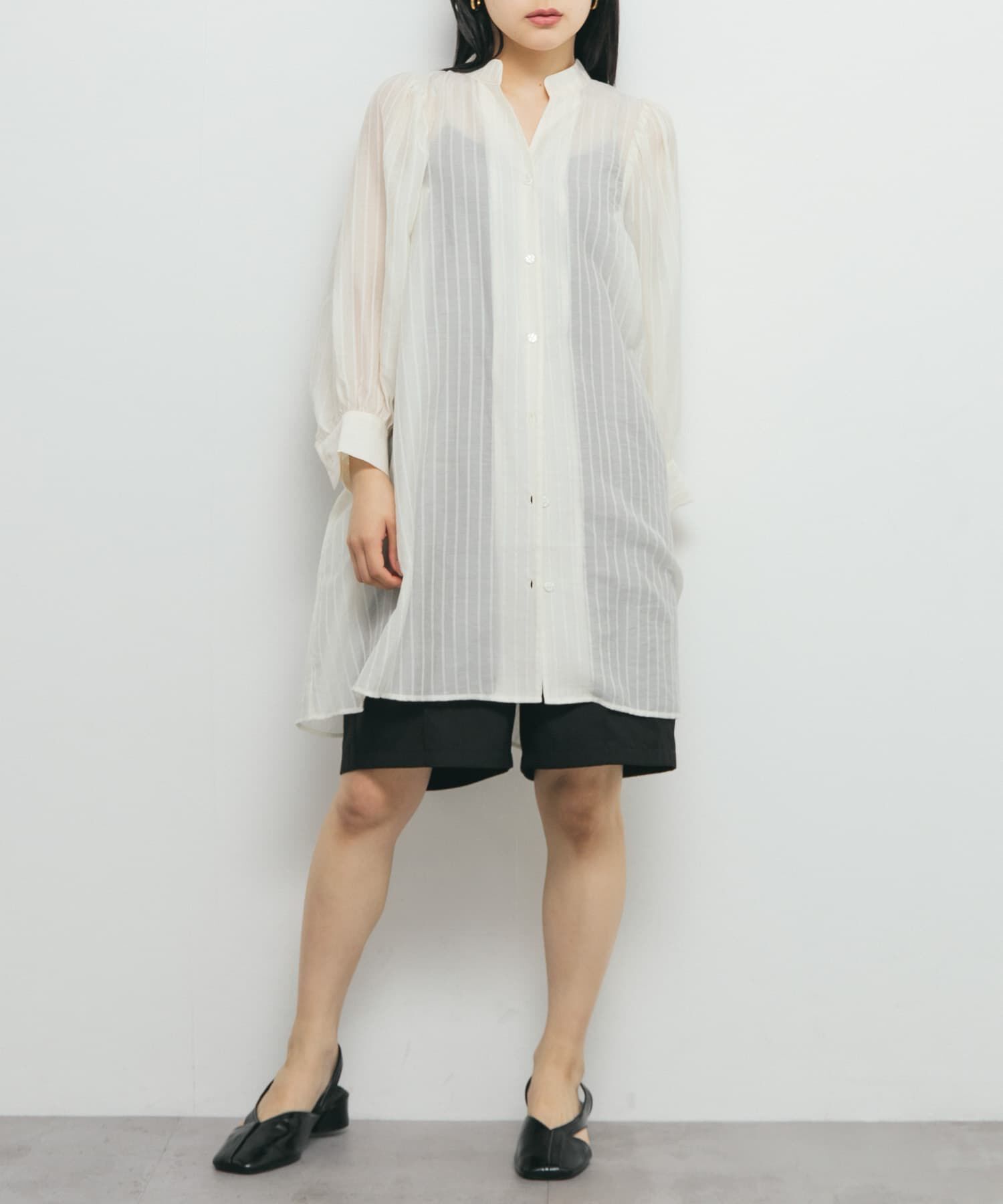  「ボリュームスリーブストライプミニワンピース」|ワンピース|