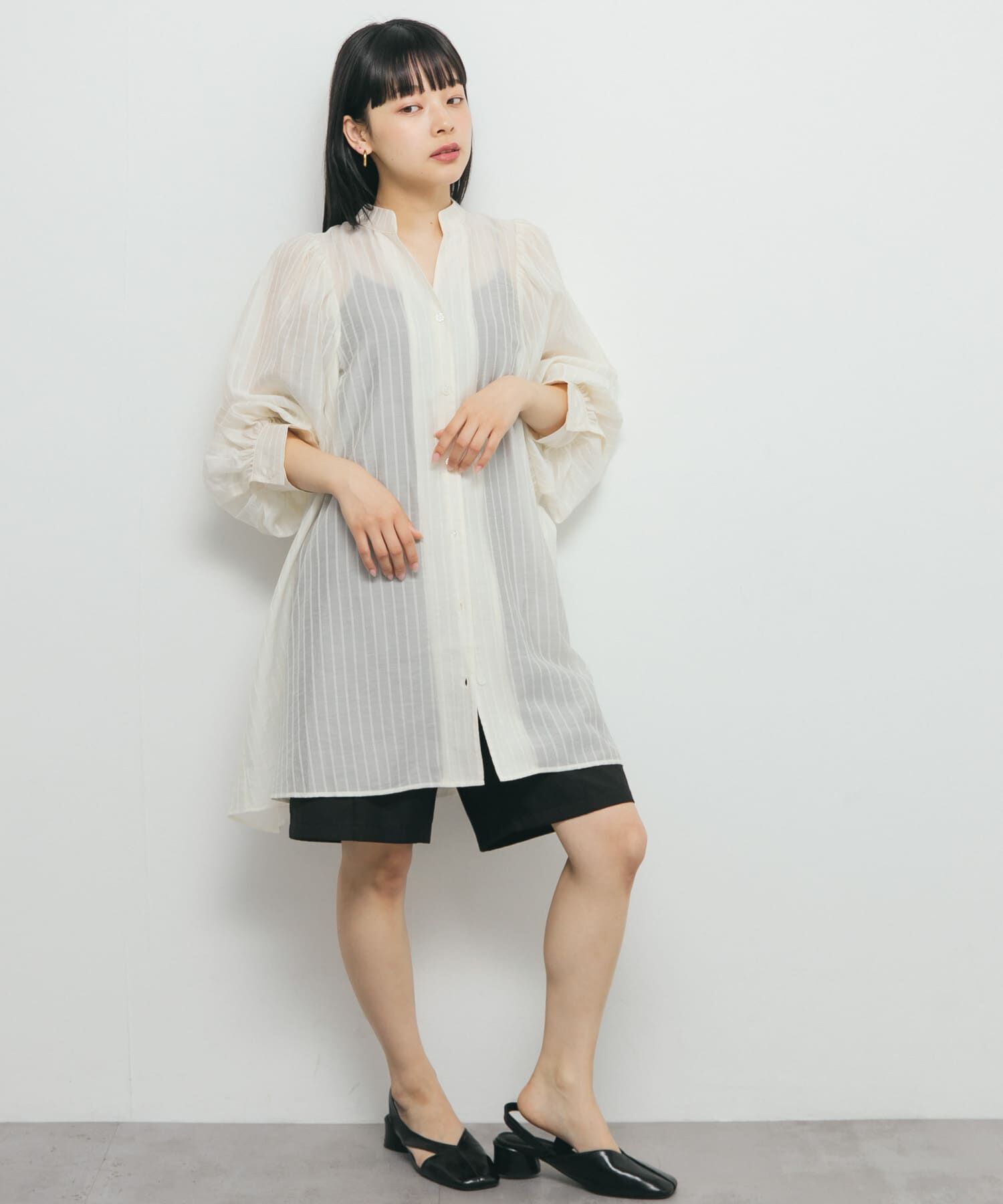  「ボリュームスリーブストライプミニワンピース」|ワンピース|