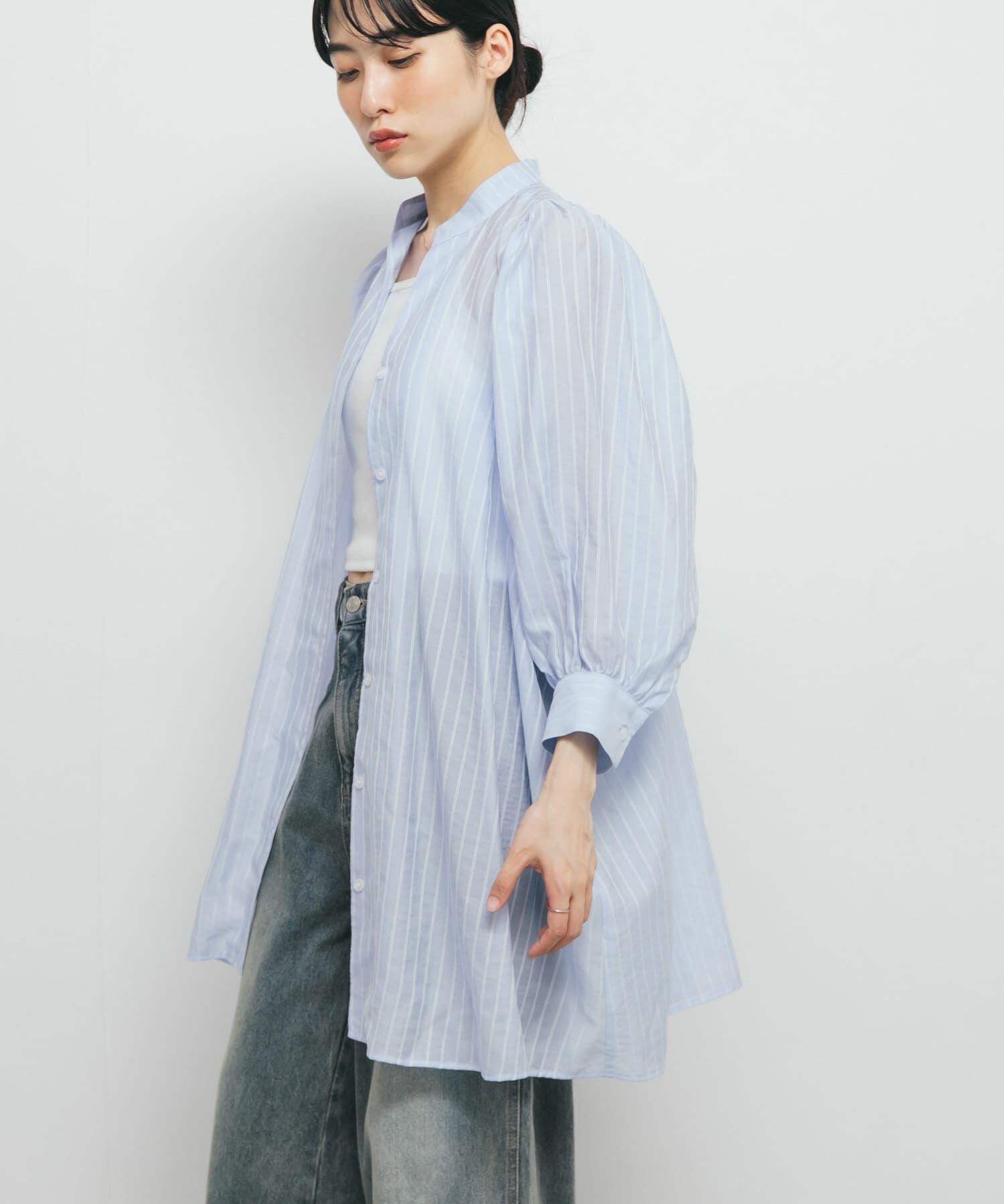  「ボリュームスリーブストライプミニワンピース」|ワンピース|