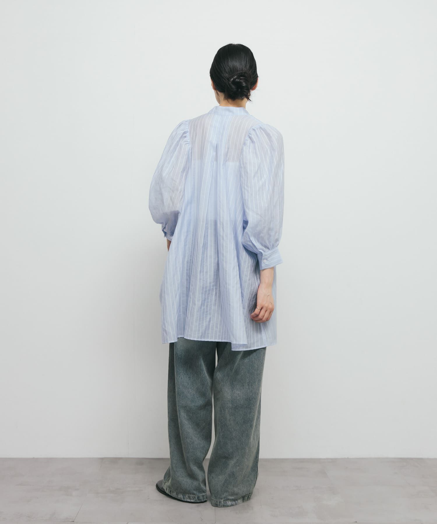  「ボリュームスリーブストライプミニワンピース」|ワンピース|