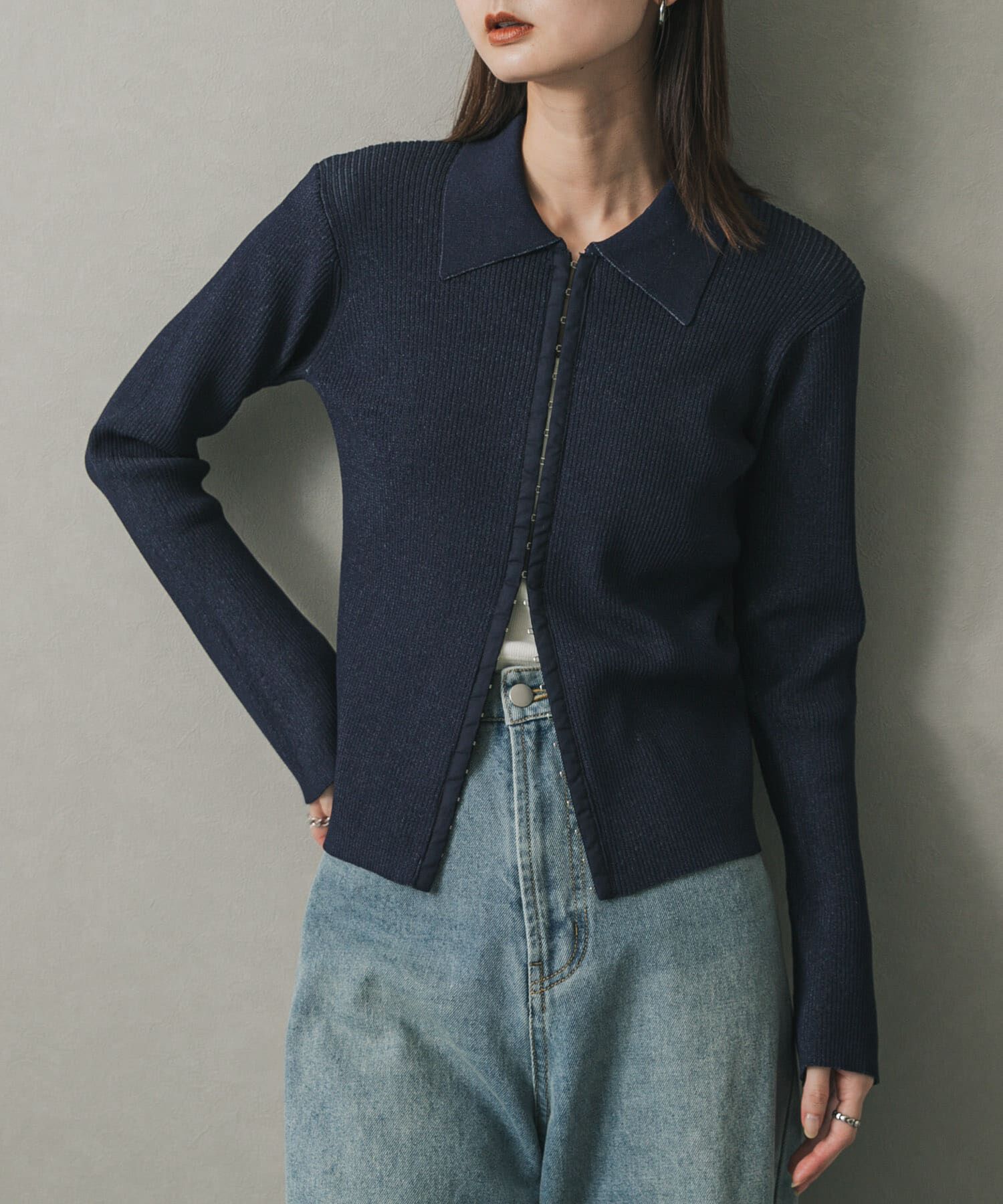 SENSE OF PLACE by URBAN RESEARCH「フロントホックエリツキコンパクトカーディガン」|カーディガン|ネイビー