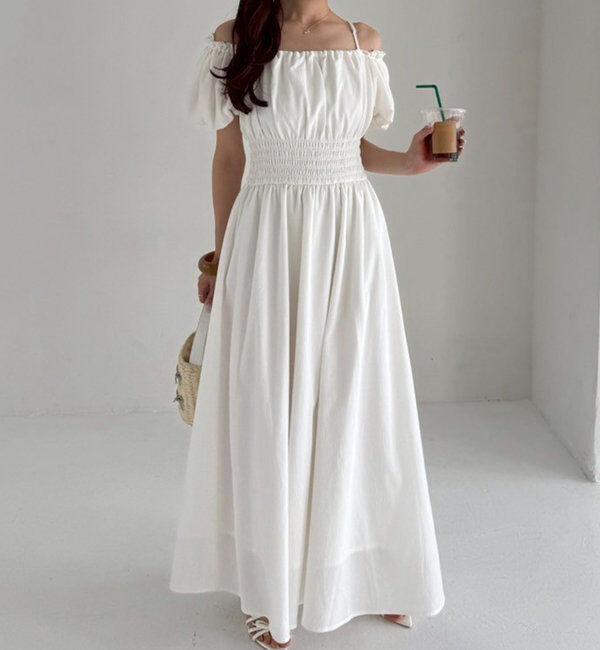  「【全骨格細見え】半袖シャーリングワンピ」|ワンピース|アイボリー