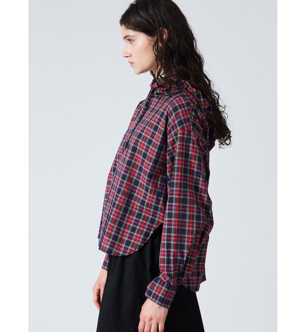 mizuiro ind「mizuiro ind チェックギャザーフードプルオーバーシャツ」|シャツ・ブラウス|