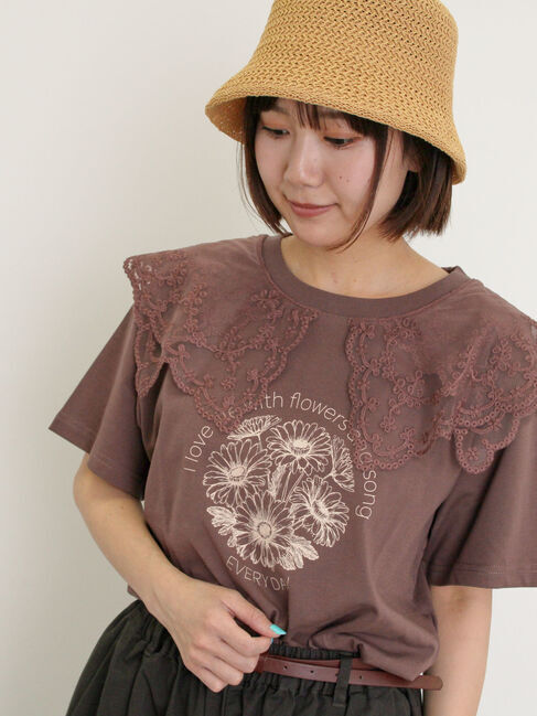 Samansa Mos2「シアーレース襟付Tシャツ」|Tシャツ・カットソー|ブラウン