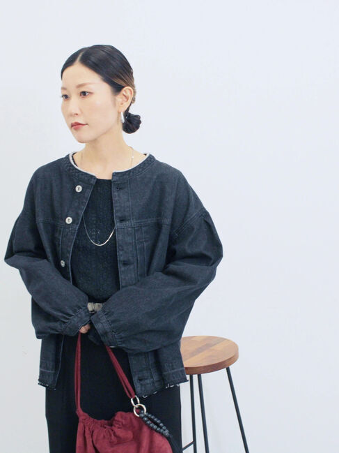 Samansa Mos2 blue「【ECO DENIM 】 ノーカラーブルゾン」|ブルゾン・スタジャン|チャコールグレー