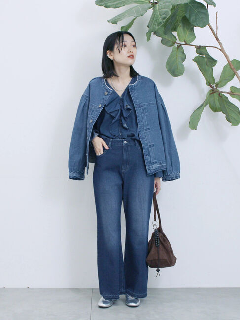 Samansa Mos2 blue「【ECO DENIM 】 ノーカラーブルゾン」|ブルゾン・スタジャン|