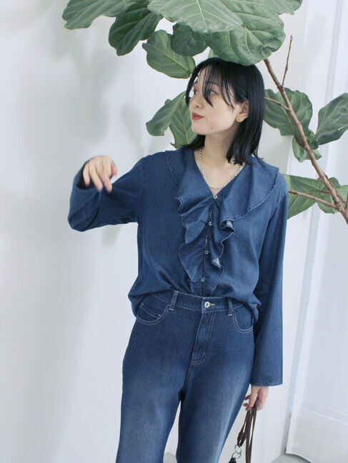 Samansa Mos2 blue「【ECO DENIM 】フリルブラウス」|シャツ・ブラウス|