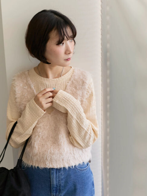 Samansa Mos2 blue「ふくれジャカードクルーネックプルオーバー」|Tシャツ・カットソー|