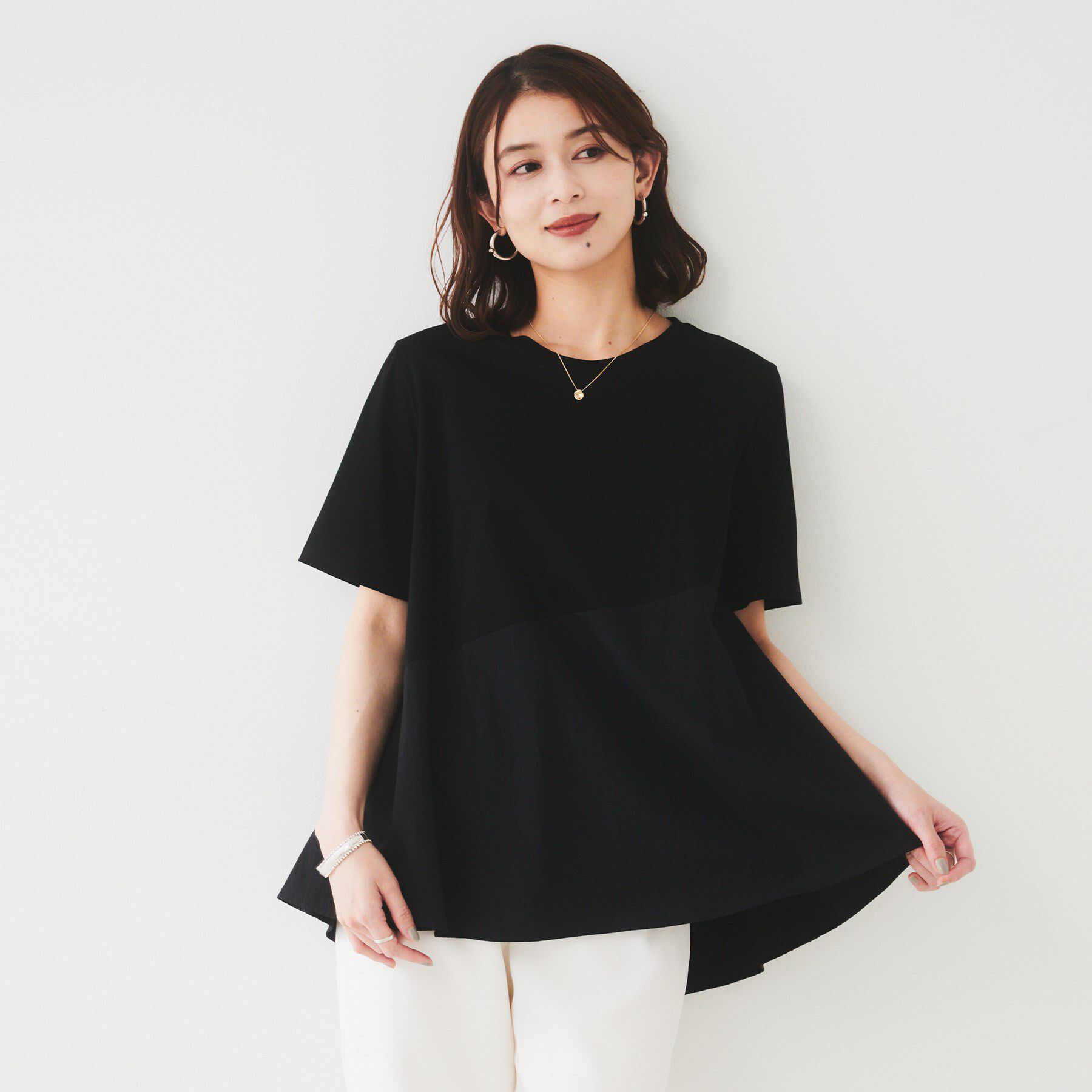 UNTITLED「【UVカット/接触冷感/Tシャツ】異素材ドッキングペプラム」|Tシャツ・カットソー|ブラック(019)