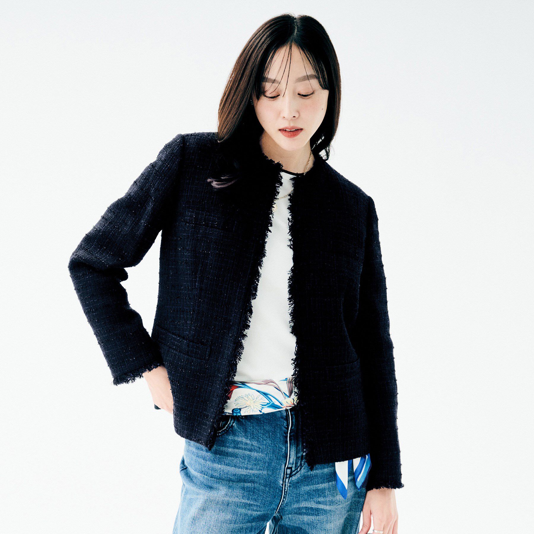 UNTITLED「ファンシーツイード ジャケット」|ノーカラージャケット|ネイビー(494)