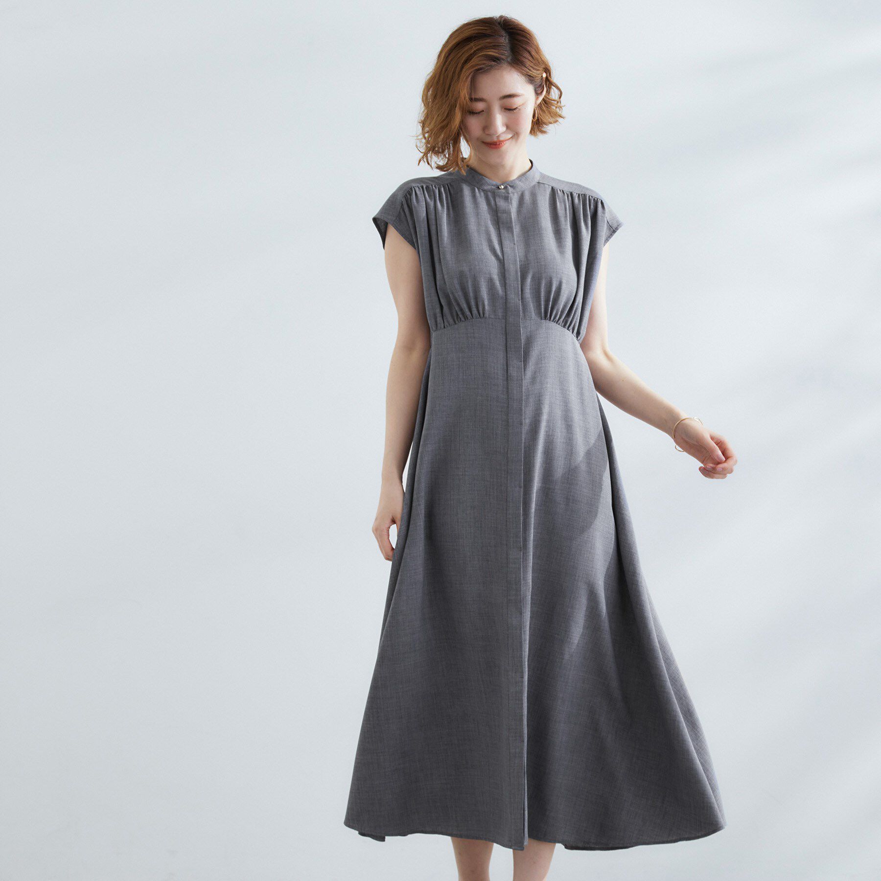 grove「ウエスト高見えでスタイルアップ　上品スタンドカラーシャツワンピース」|ワンピース|チャコールグレー(0