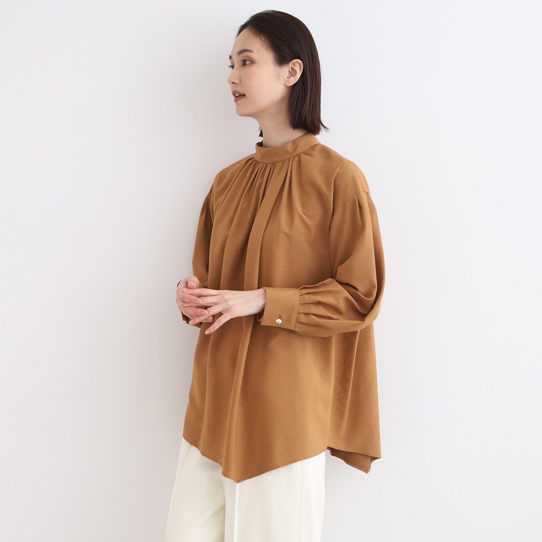 INDIVI「【日本製／洗える】アシメヘムオーバーブラウス」|シャツ・ブラウス|キャメル(041)