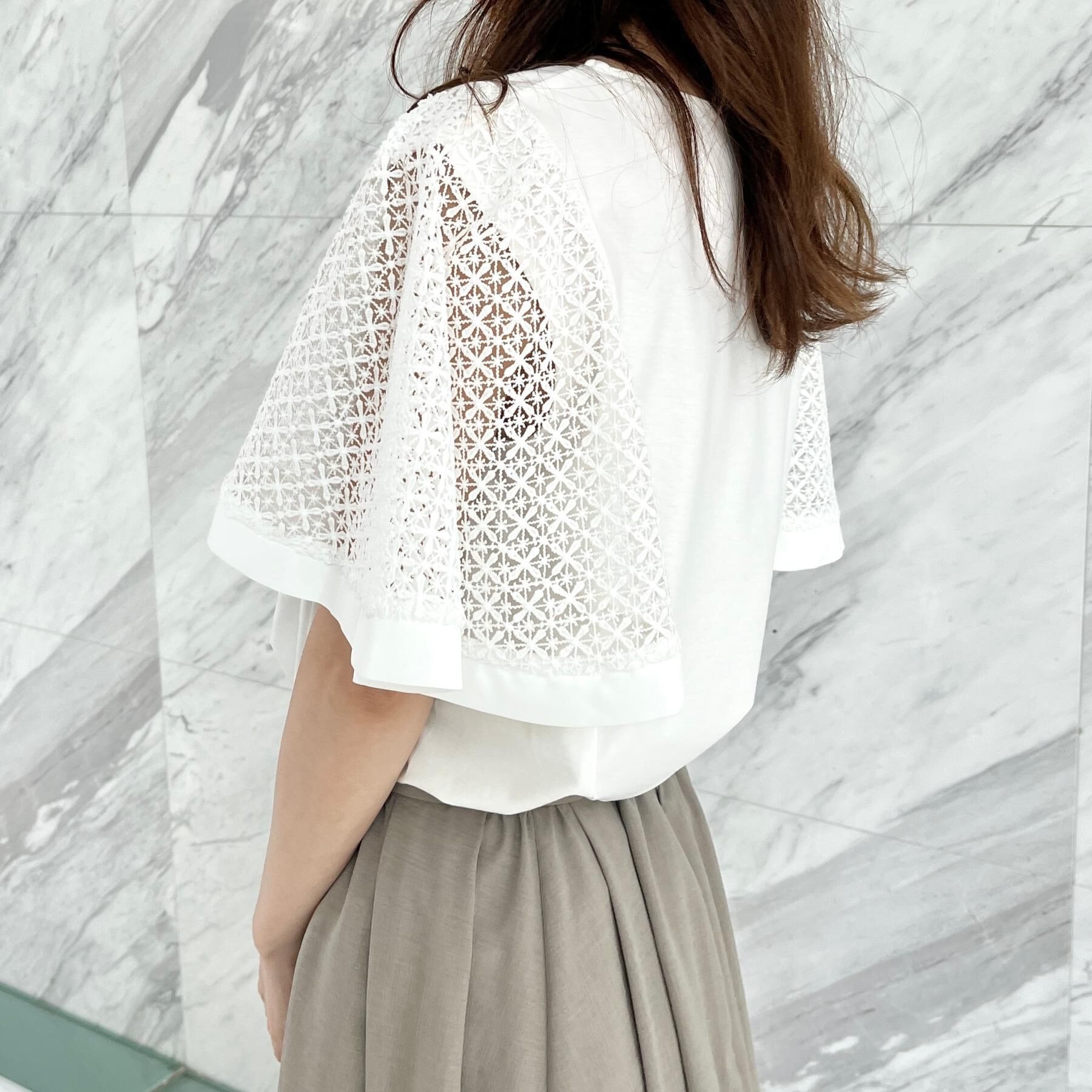 Couture broach「【接触冷感・5分袖】ケミカルレースフレアスリーブトップス」|Tシャツ・カットソー|