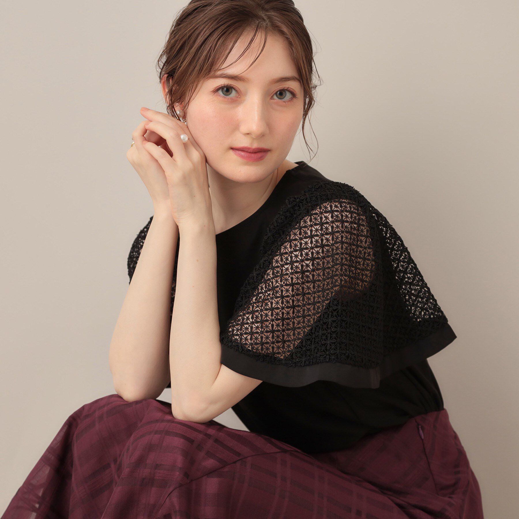 Couture broach「【接触冷感・5分袖】ケミカルレースフレアスリーブトップス」|Tシャツ・カットソー|ブラック(019)