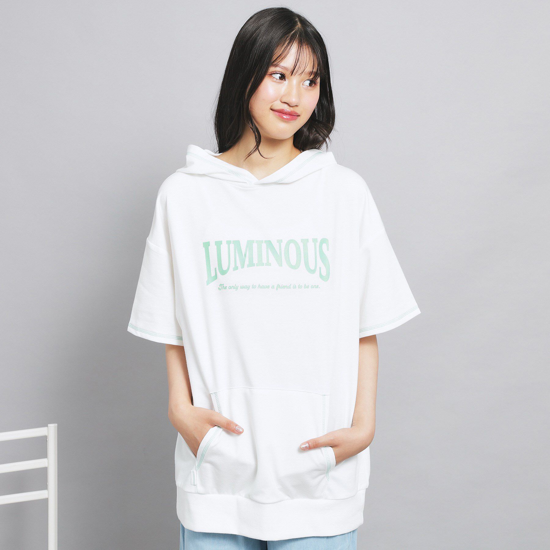 PINK-latte「配色ステッチパーカチュニック」|パーカー|オフホワイト(003