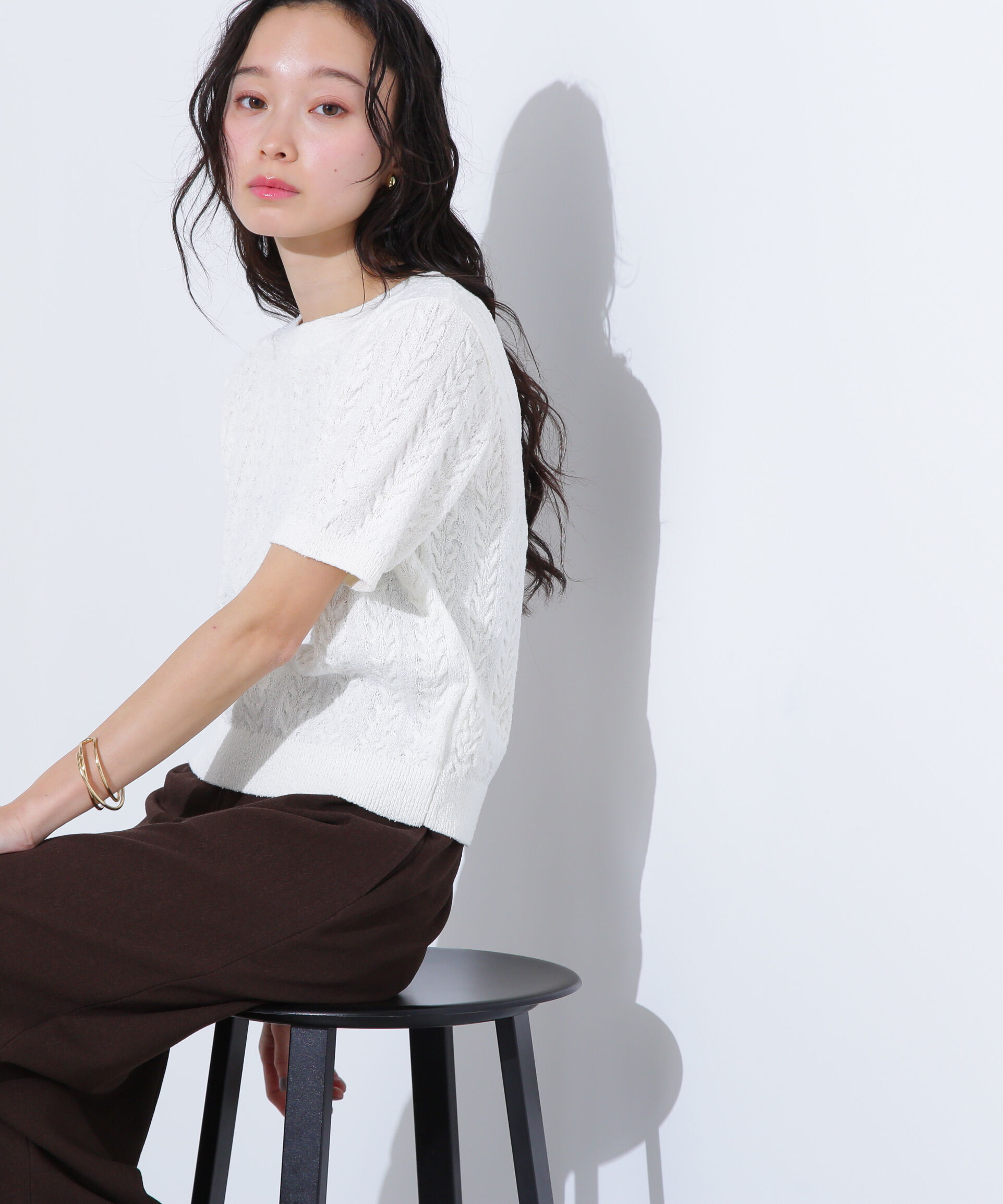  「ミニケーブル半袖ニット」|ニット・セーター|オフ1