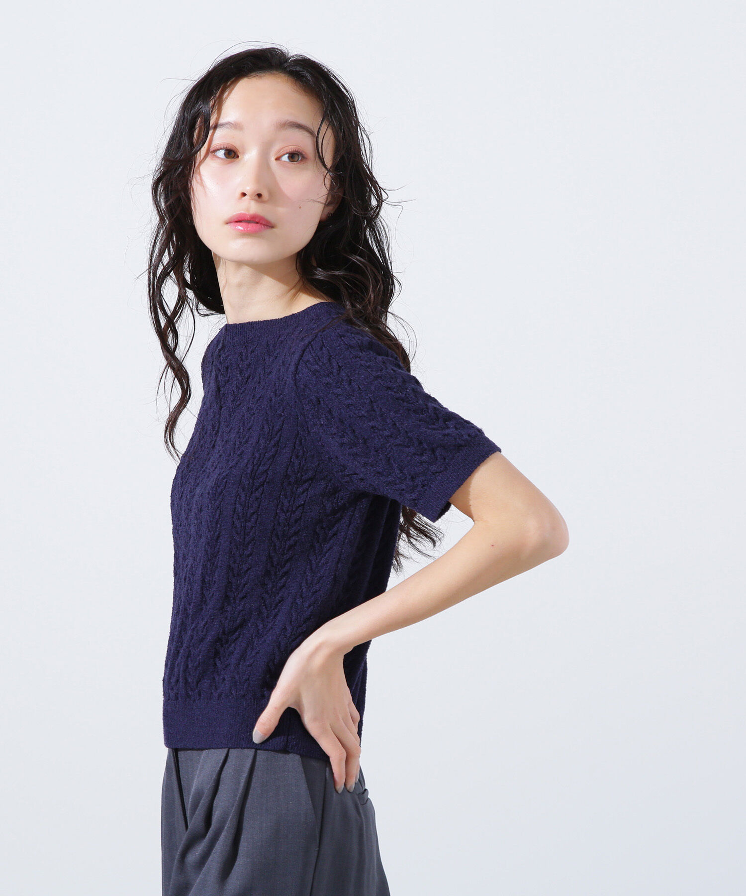  「ミニケーブル半袖ニット」|ニット・セーター|