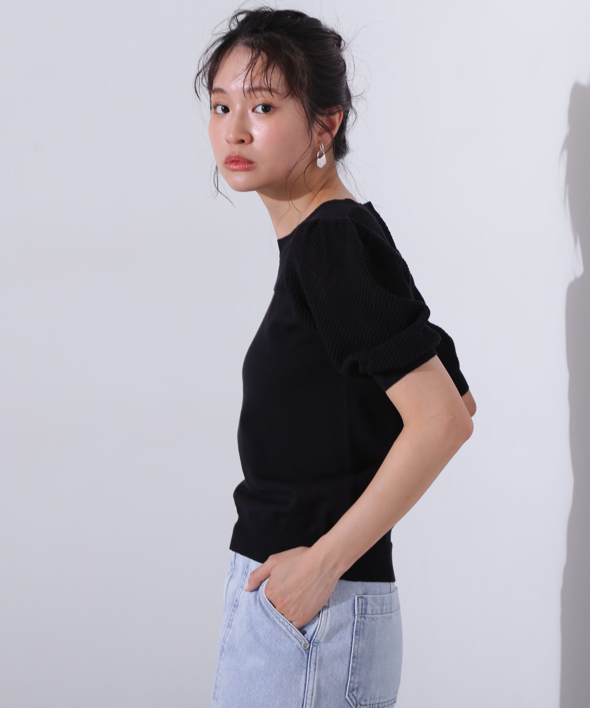  「メッシュ切替半袖ニット」|ニット・セーター|ブラック