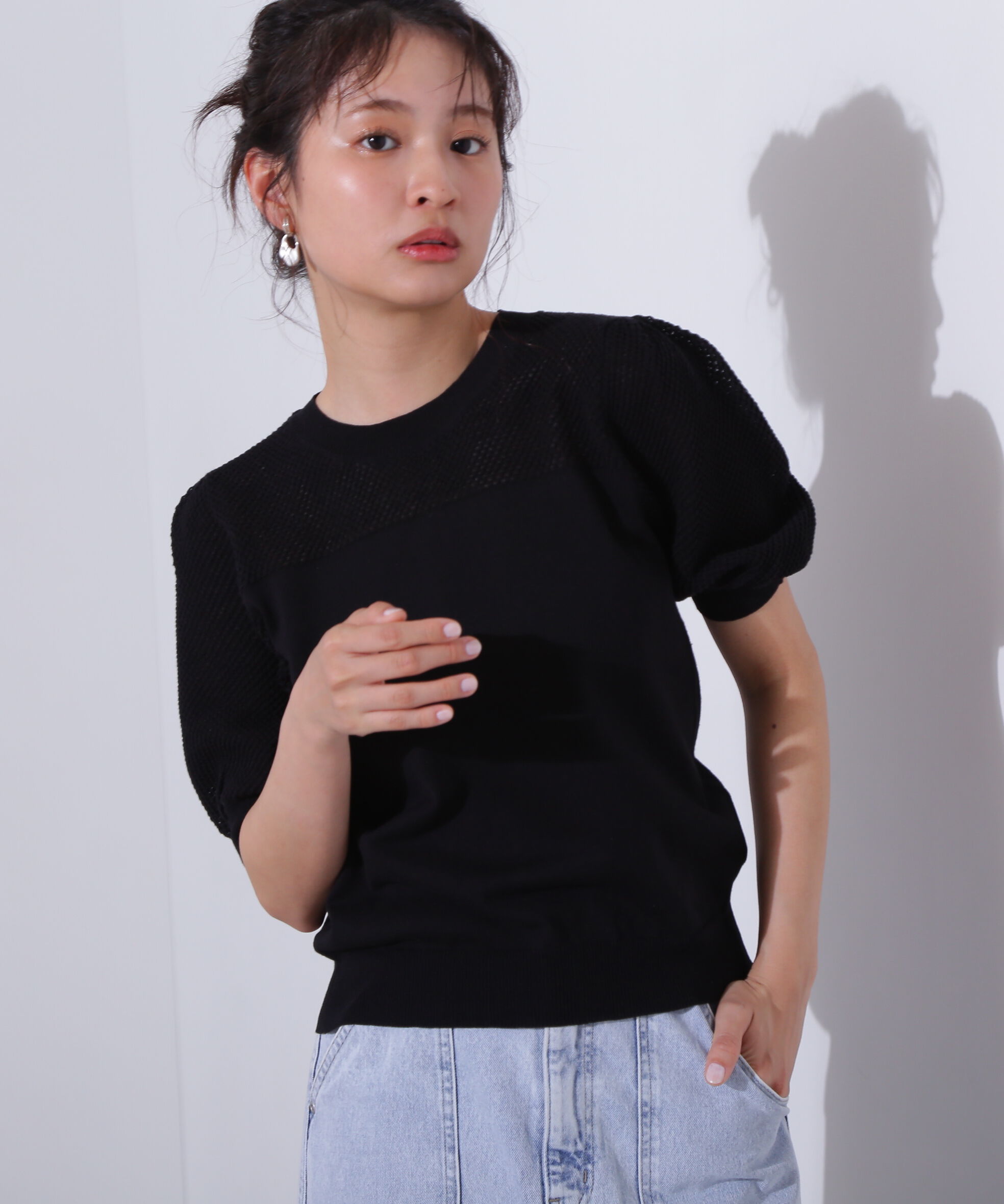  「メッシュ切替半袖ニット」|ニット・セーター|