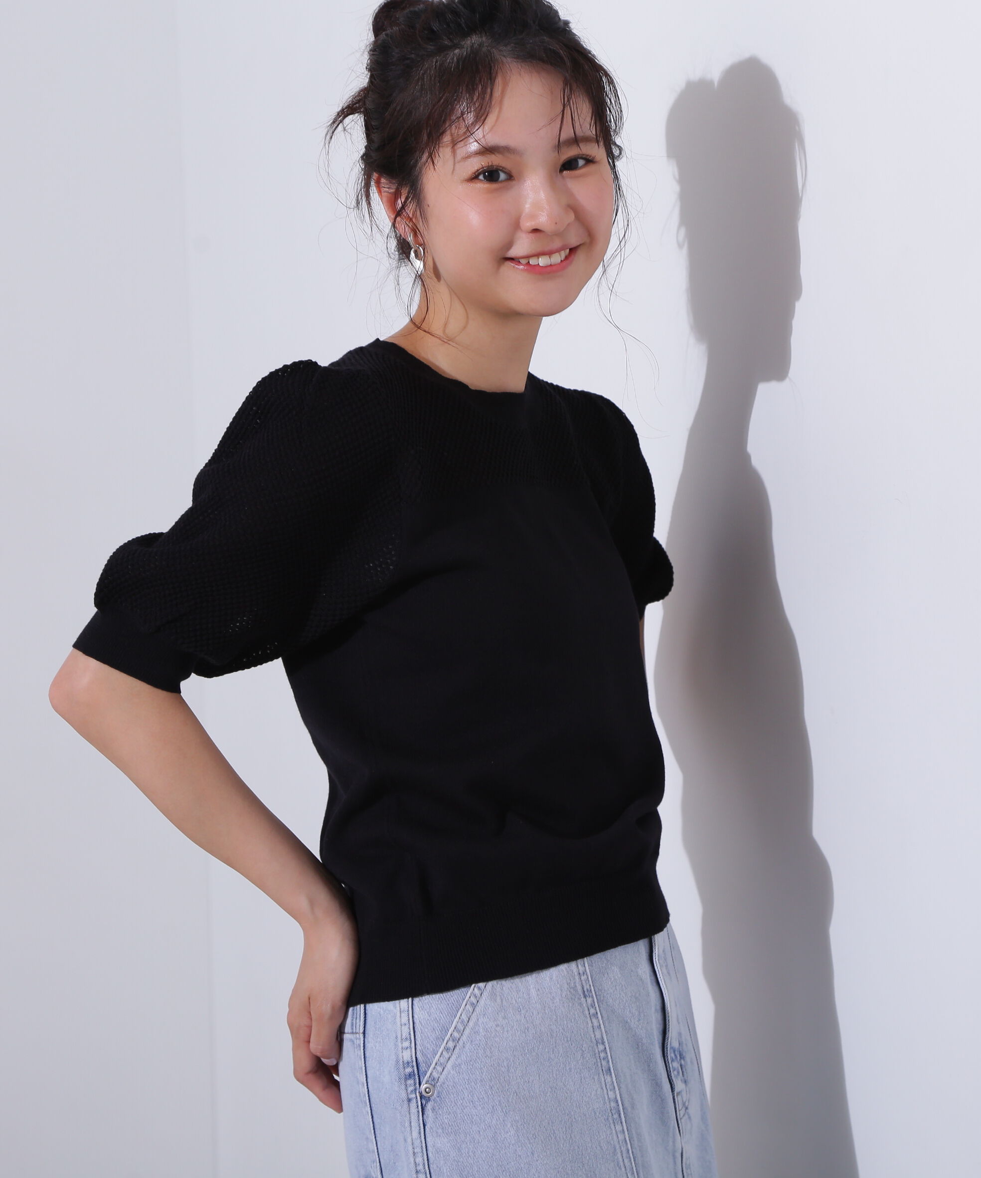  「メッシュ切替半袖ニット」|ニット・セーター|